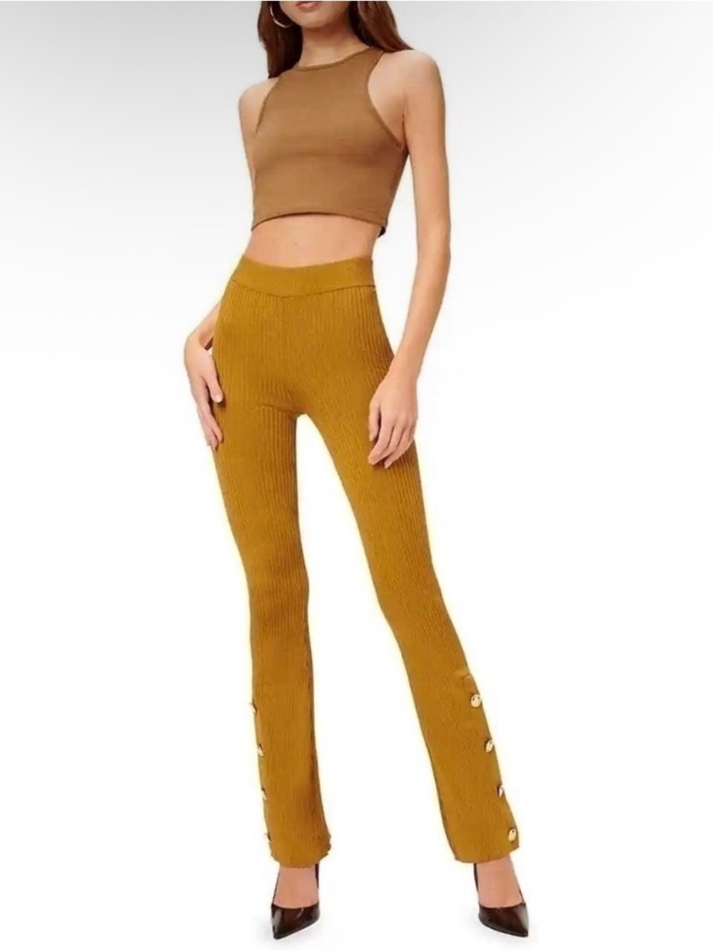 Good American Plaited Rib Boss Flare Pants - Mustard